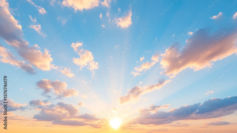 Fototapeta premium A breathtaking sunrise with vibrant rays illuminating the sky, creating a peaceful and tranquil atmosphere.