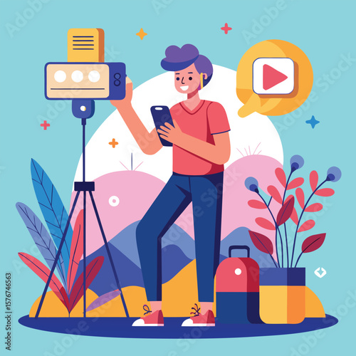 Digital content creator capturing video footage with smartphone and professional camera equipment for online streaming