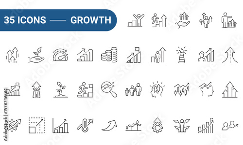 Growth Web Icons Set in Line or outline Style related to Growth. Icons for web and mobile app. Linear icons collection. Editable strokes. Vector illustration.