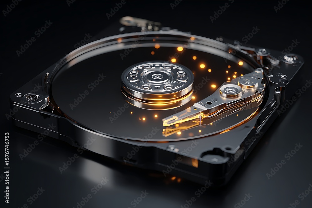 Open Hard Drive with Glimmering Data Stream Computer Hardware, Data Storage, and Technology Open Hard Drive with Glimmering Data Stream Computer Hardware, Data Storage, and Technology