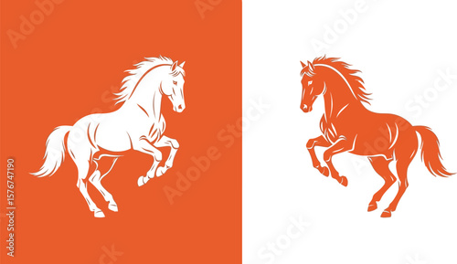 Two horses rearing up one white on orange and one orange on white field