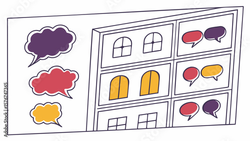 Colorful speech bubbles and building windows representing communication and connection
