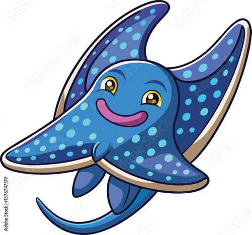  Kawaii stingray gliding with happy face, cartoon marine life, isolated on transparent background