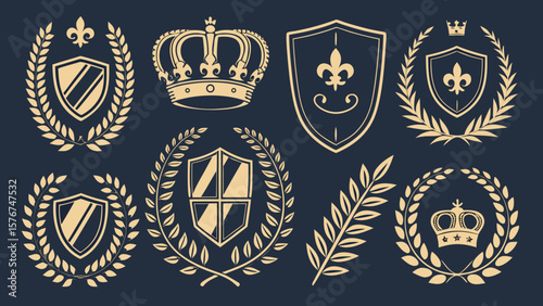 Collection of royal emblems featuring shields crowns and laurel wreaths