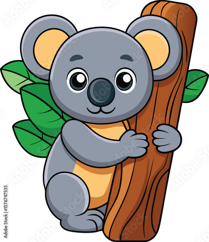 Koala hugging a tree trunk with closed eyes, kawaii cartoon forest animal, transparent background