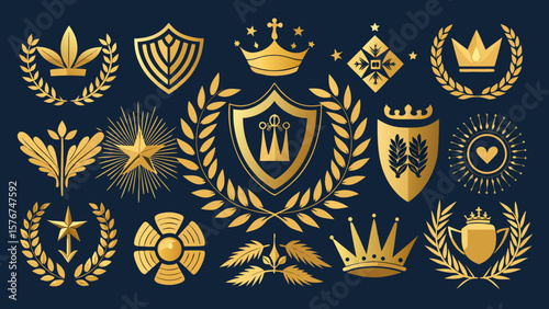 Wallpaper Mural Collection of golden heraldic symbols and royal emblems on dark blue background Torontodigital.ca