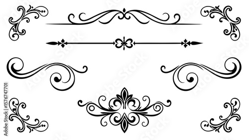 Collection of elegant black vintage ornamental dividers and corner accents