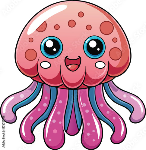  Kawaii jellyfish with smiling face and bubbles, cartoon marine animal, isolated on transparent background