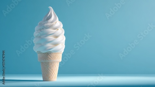 Soft serve ice cream on pastel blue background, glowing light, negative space for text, bright modern