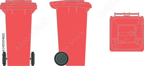 A set of three vector illustrations showing a red wheelie bin from different angles: front, side, and top