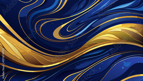 Elegant abstract swirling waves of deep blue and shimmering gold