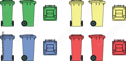 Four sets of colored wheelie bins (green, yellow, blue, red) shown from side and top views. Ideal for waste management, recycling, and clean environment concepts.
