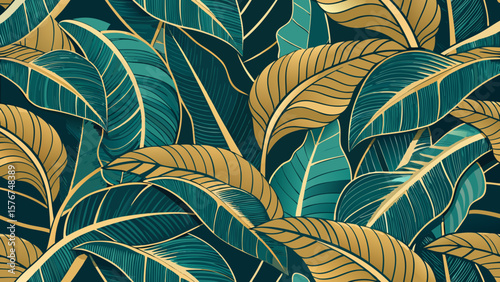 Elegant seamless pattern of tropical banana leaves in teal and gold