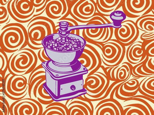 Vintage Coffee Grinder in Vibrant Pattern for Coffee Enthusiast Blogs, Kitchen Decor Websites, Food Illustrations, and Culinary Arts Education  