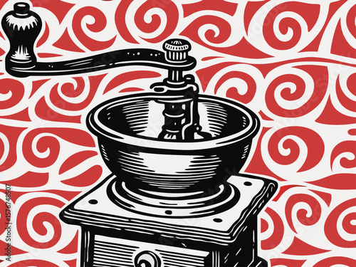 Vintage Coffee Grinder with Swirling Pattern Background for Culinary Blogs, Cafe Menus, Restaurant Decorations, Cooking Tutorials, and Graphic Design Projects  