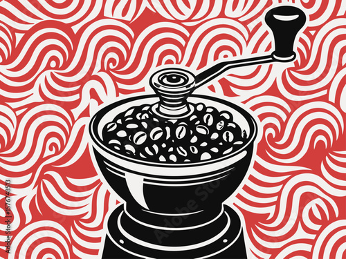 Vintage Coffee Grinder with Beans on Whimsical Red Swirl Background for Food Blogs, Coffee Culture Websites, Kitchen Decor, and Artisan Coffee Content  