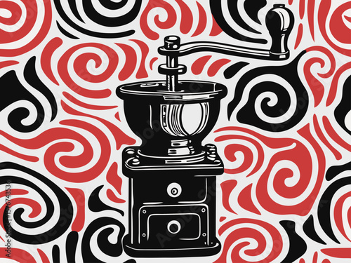 Vintage Coffee Grinder Illustration with Swirling Red and Black Background for Coffee Culture, Café Decor, Culinary Blogs, Vintage Kitchenware, and Food Art  