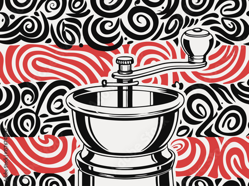 Vintage Coffee Grinder with Artistic Swirls and Bold Colors for Food Blogs, Culinary Websites, Kitchen Decor, Coffee Culture, and Design Inspiration  