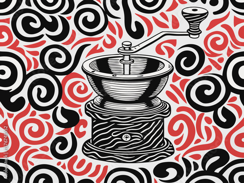 Vintage Coffee Grinder on Swirling Pattern Background for Coffee Shops, Culinary Blogs, Recipes, Home Brewing Guides, and Kitchen Decor Inspiration  