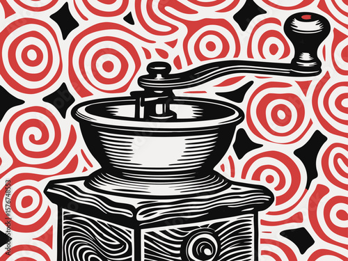 Vintage Coffee Grinder Illustration on Swirly Background for Art Prints, Coffee Shops, Culinary Blogs, and Design Projects  