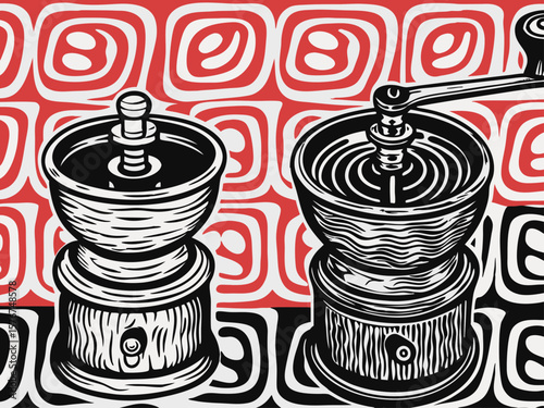 Vintage Coffee Grinders in Abstract Pattern for Art Blogs, Coffee Recipes, Culinary Websites, Kitchen Decor, and Vintage Style Inspiration  