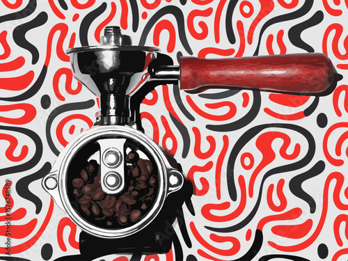 Vintage Coffee Grinder with Coffee Beans on Bold Abstract Background for Coffee Culture Blogs, Culinary Websites, Kitchen Decor, and Food Enthusiast Content  