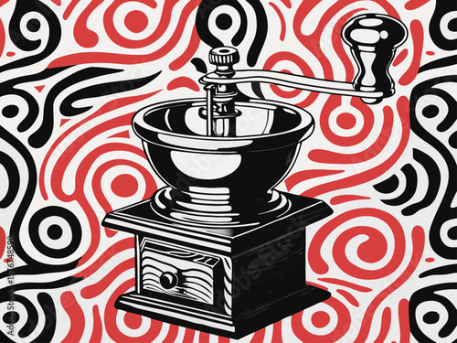 Vintage Coffee Grinder on Abstract Red and Black Background for Coffee Culture Blogs, Culinary Websites, Home Brewing Guides, and Kitchen Decor Content  