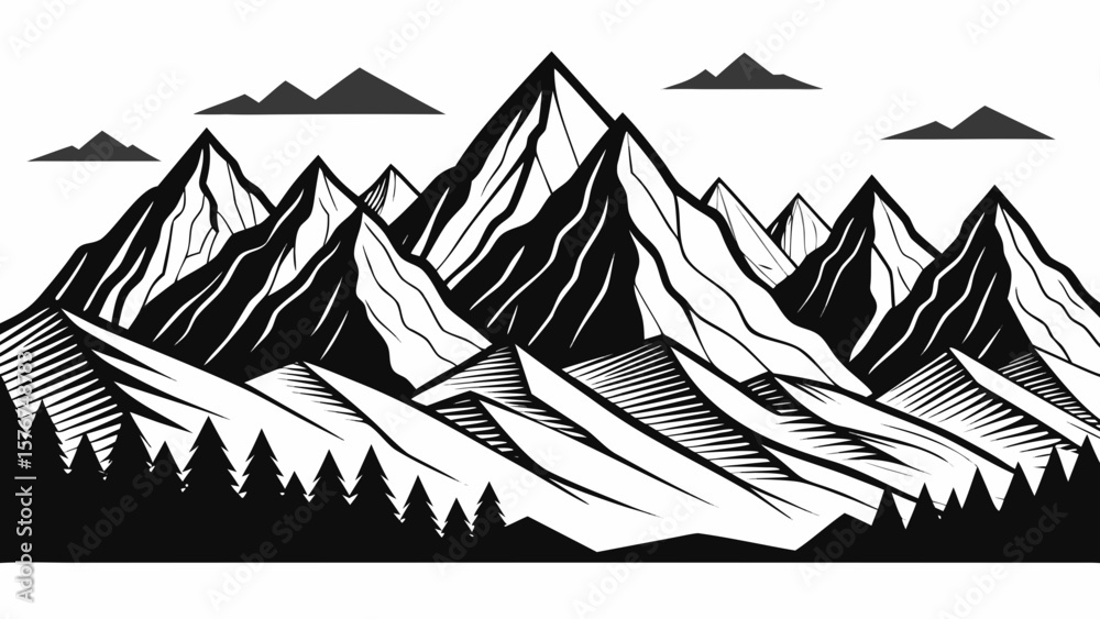 Fototapeta premium Stylized black and white mountain range with clouds and forest silhouette