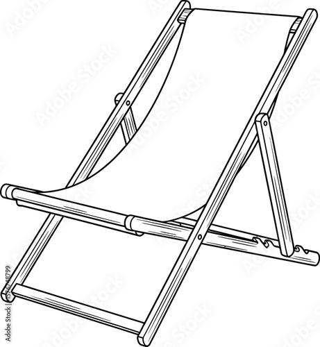 A simple line drawing of a folding beach chair on a white background