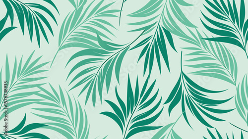 Seamless pattern of tropical palm leaves in various shades of green