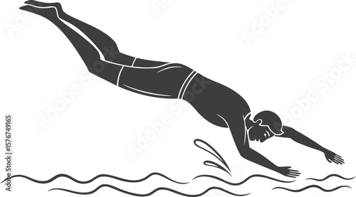Vector silhouette of a male swimmer diving into water. Black clip art icon ideal for swimming, sports, fitness, or aquatic activity concepts on a transparent background.