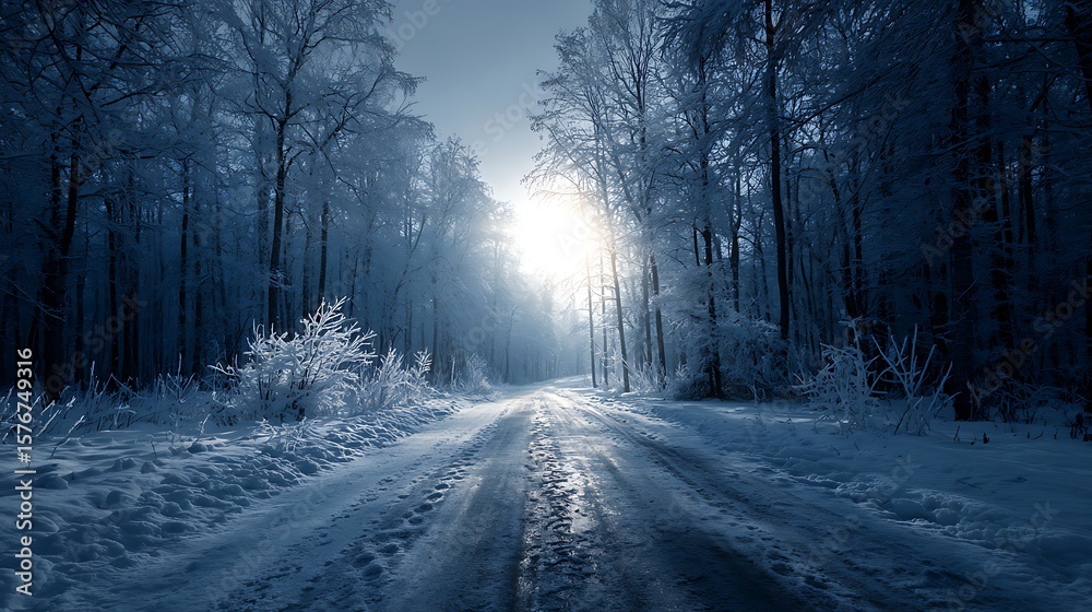 Obraz premium Snowy Road Leading Through a Winter Forest Bathed in Bright Sunlight Serene