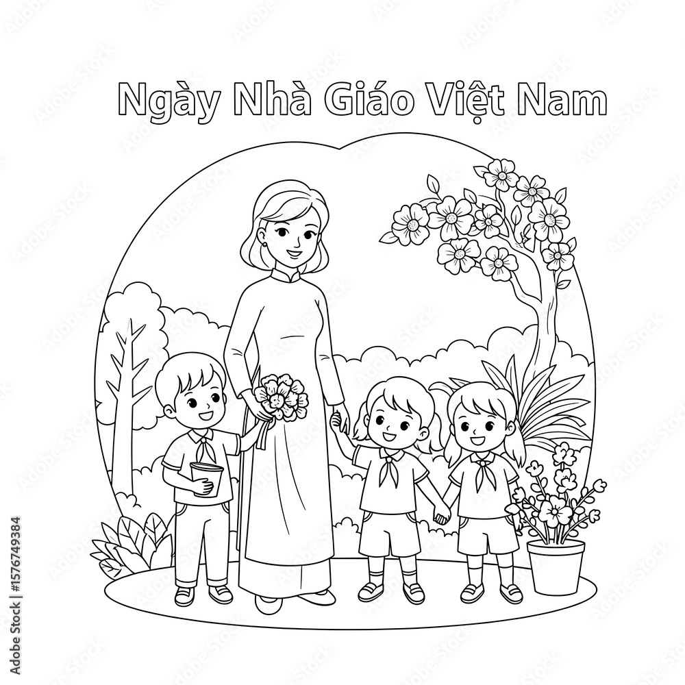 Fototapeta premium Vietnamese teacher appreciation day with students and flowers isolated on transparent background