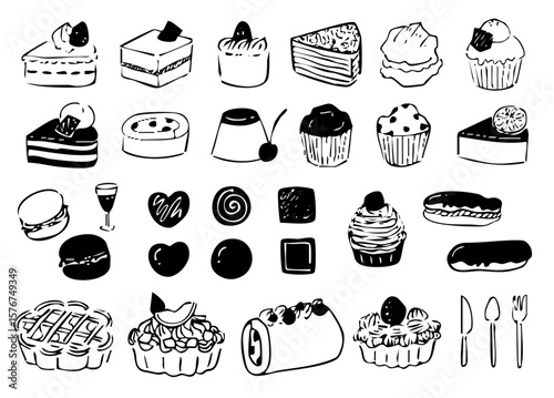 ケーキやアイスなどのスイーツを描いた手描き風線画イラストセット（お菓子 デザート 白黒 ベクター）