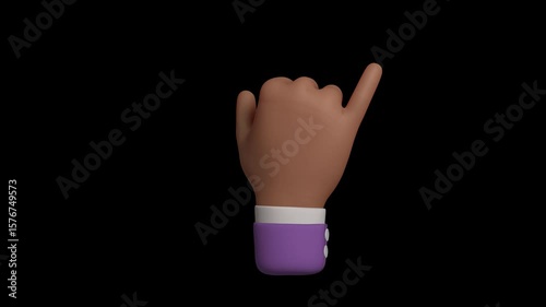 Seamless 4K loop of black skin doing shaka surfer sign in purple sleeve. 3D emoji cartoon animation render with alpha transparent background