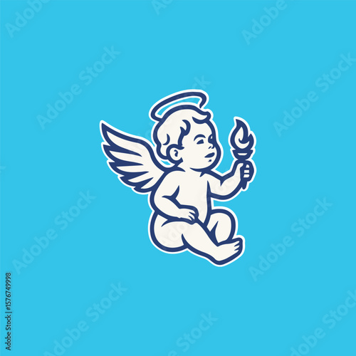 Angel baby holding torch silhouette vector logo in classic style, generative ai