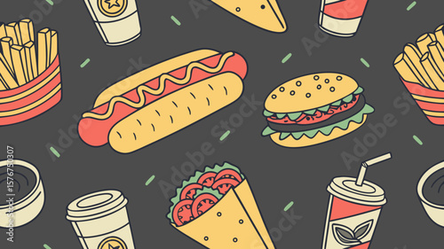 Fun cartoon pattern of fast food items including hot dogs burgers fries and drinks