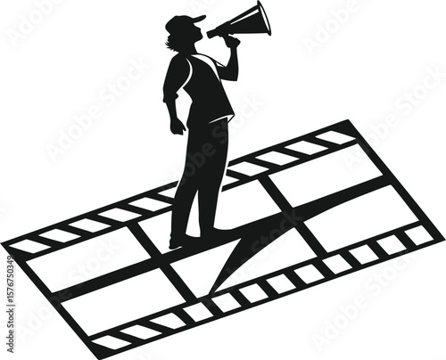 Silhouette vector of a film director with megaphone standing on a movie reel strip. Black clip art icon isolated on a transparent background. Ideal for cinema, media, and production themes.