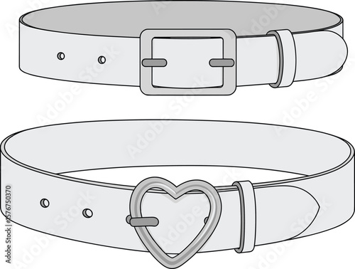 Fashion belt flat sketch with metal buckle and heart buckle, technical CAD accessory drawing, unisex waist belt, vector illustration