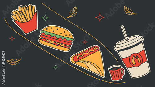 Fast food items like burger fries hot dog and drink with decorative elements