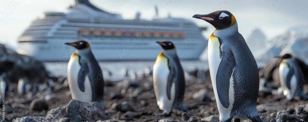 Obraz premium Group of penguins near a cruise ship.