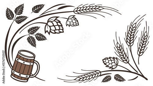 Decorative border with beer mug wheat and hops elements