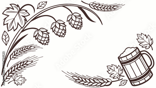 Decorative corner design with hops barley and a beer mug in outline style