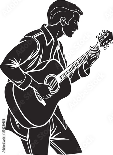 Silhouette vector of a man playing an acoustic guitar. Black clip art icon isolated on a transparent background. Perfect for music, concert, and artistic expression themes.

