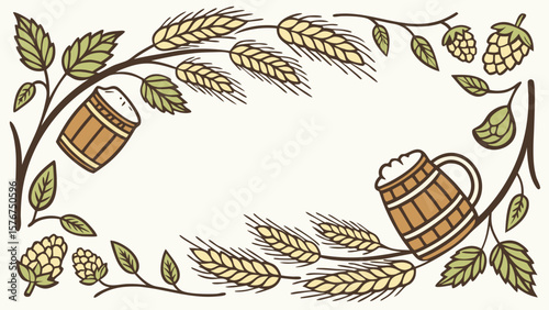 Decorative frame with beer mugs hops and wheat ears in a hand drawn style