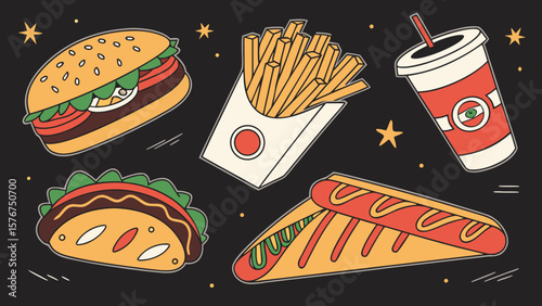 Colorful flat design fast food assortment with burger fries taco and drink