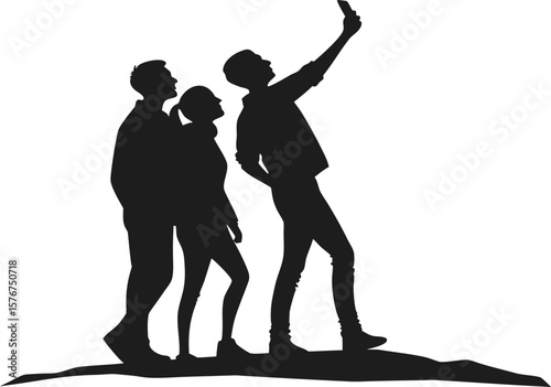 Silhouette vector of three people taking a selfie together. Black clip art icon isolated on a transparent background. Ideal for social, travel, and friendship concepts.