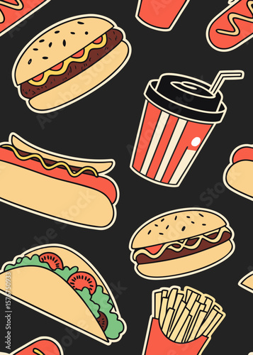 Wallpaper Mural Fun cartoon style seamless pattern of fast food items on black background Torontodigital.ca