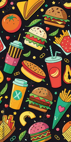 Wallpaper Mural Vibrant cartoon fast food pattern with burgers drinks fries and hot dogs Torontodigital.ca