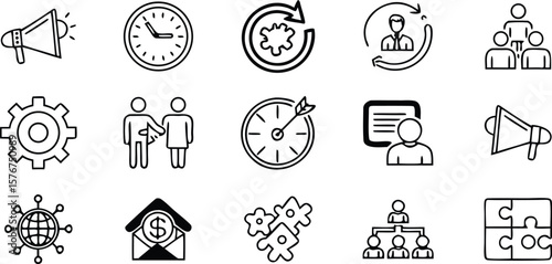 Collection of simple business and finance icons including a megaphone clock gears people target money puzzles and network isolated on transparent background
